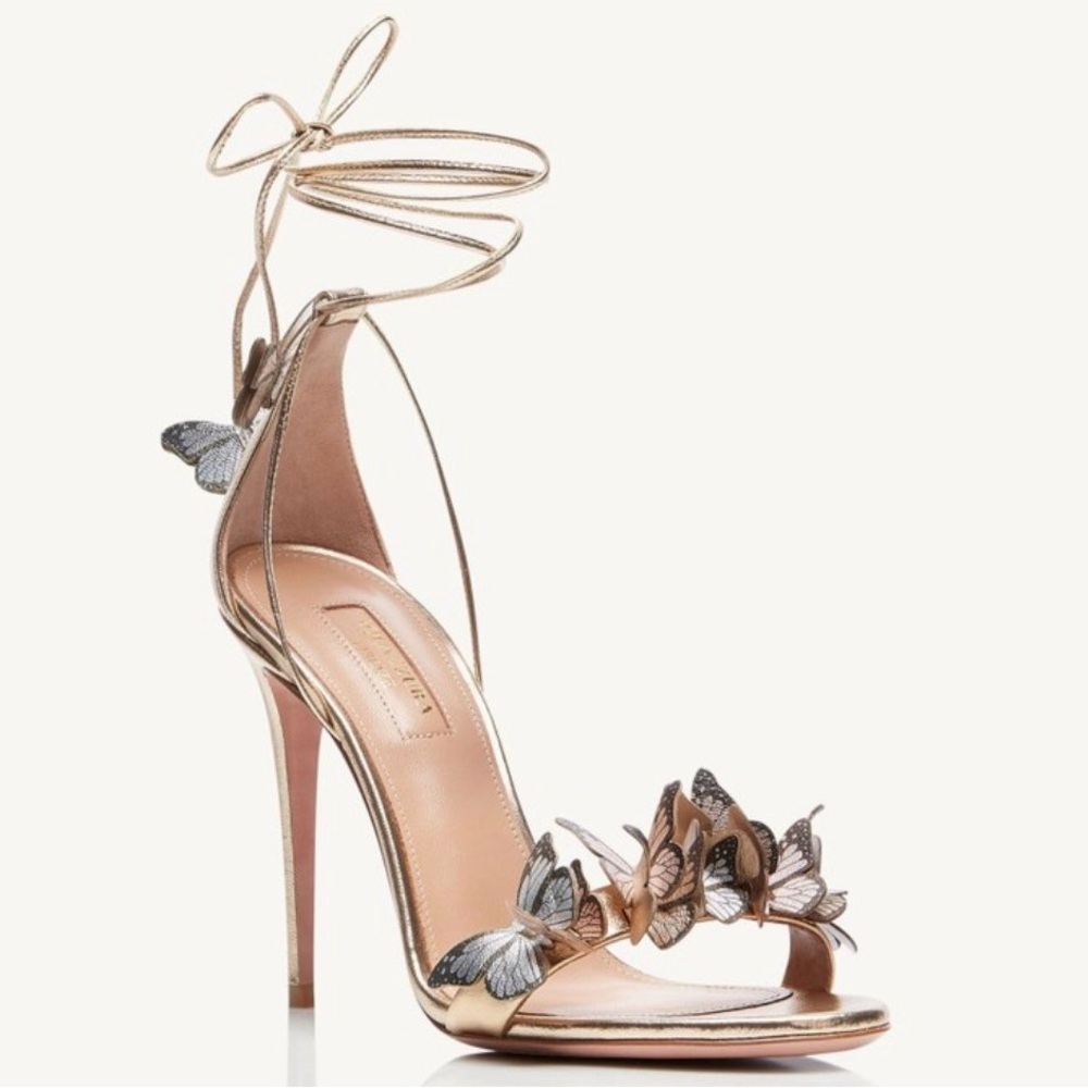 Rose gold butterfly lace up statement heels